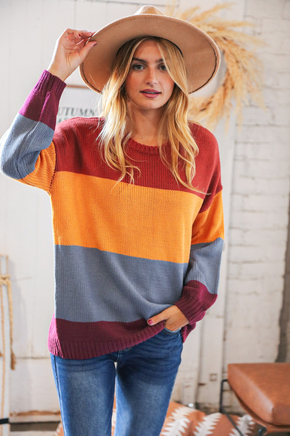 Multi Color Block Bubble Sleeve Oversize Sweater