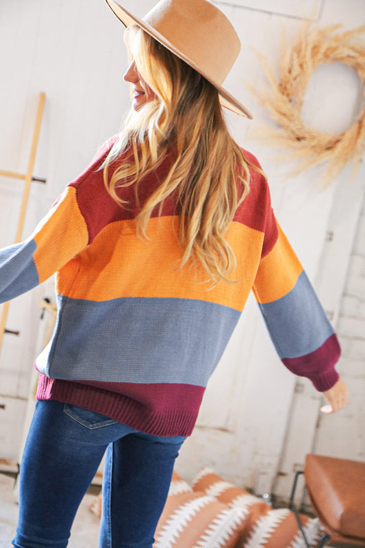 Multi Color Block Bubble Sleeve Oversize Sweater