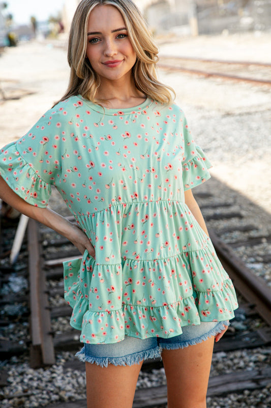 Sage Ditzy Floral Ruffle Sleeve Tiered Swing Top