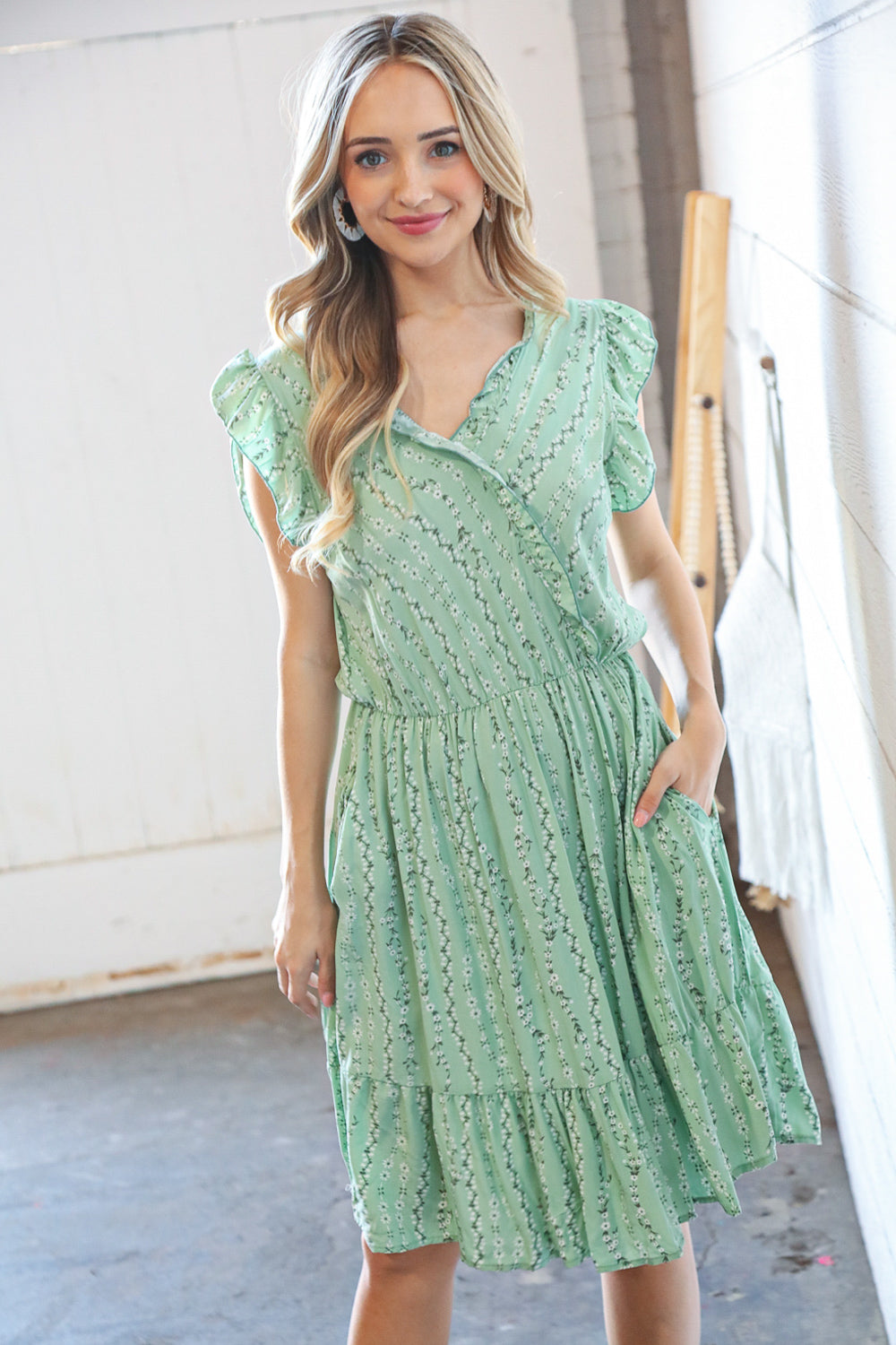Mint Vertical Floral Print Surplice Ruffle Pocketed Dress